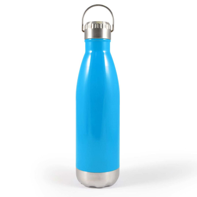 A drink bottle with a vibrant blue exterior and a stainless steel base, featuring a metal hanger lid for easy carrying.