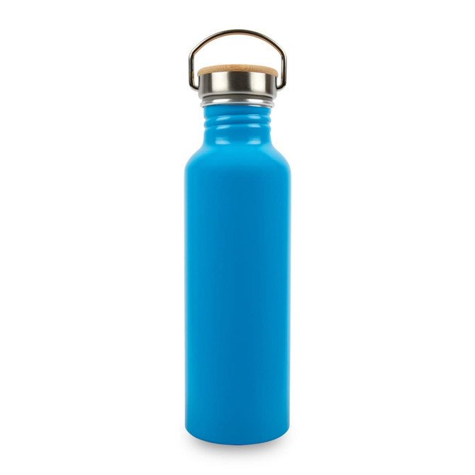A drink bottle in bright blue with a stainless steel lid and wooden top, featuring a logo.