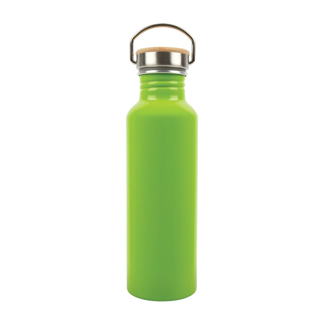 A drink bottle made of recycled aluminum with a vibrant green finish and a metal cap featuring a wooden handle.