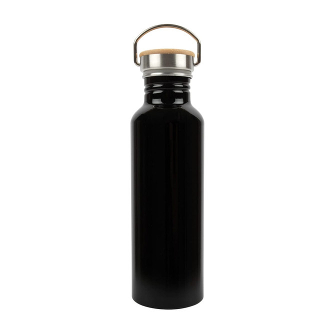 A drink bottle made of recycled aluminum, featuring a black finish and a metal handle with a cork top.