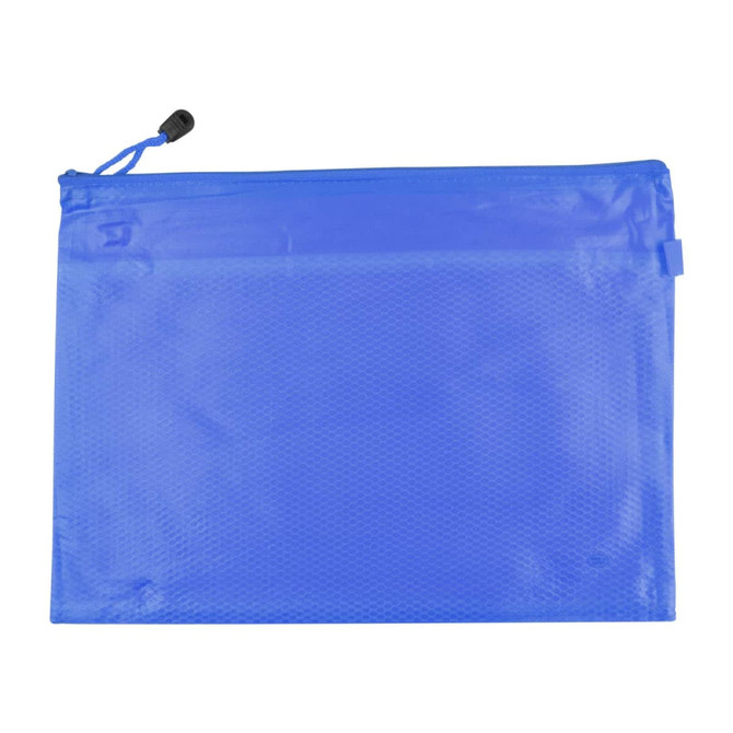 A blue PVC pouch with a drawstring closure and a mesh texture, featuring a branding logo.