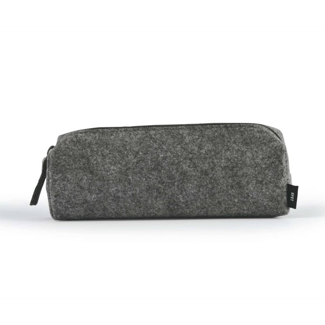 A gray felt utility case with a zipper and branding on the side.