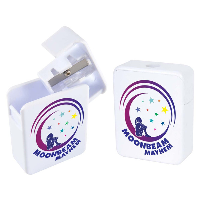 A rectangular white pencil sharpener with a logo design and colorful star accents.