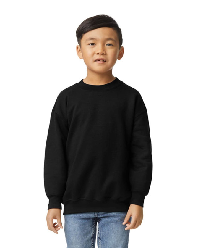 A youth sweatshirt in black, featuring a round neckline and long sleeves. It has a small logo on the chest area.