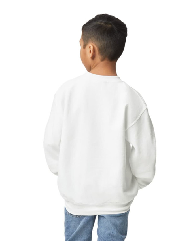 A white Gildan Heavy Blend youth sweatshirt viewed from the back, worn by a child with short black hair.