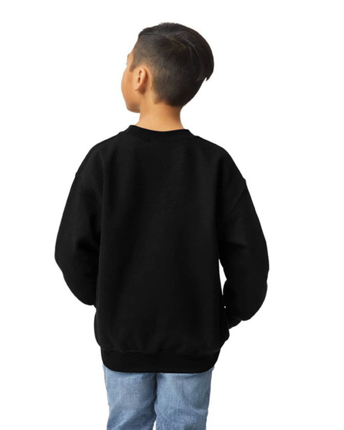 A black youth sweatshirt from behind, featuring a relaxed fit and long sleeves. Includes a logo on the garment.