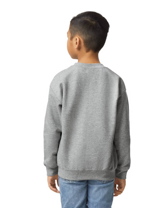 A grey youth sweatshirt with long sleeves and a crew neck, featuring a logo on the back.