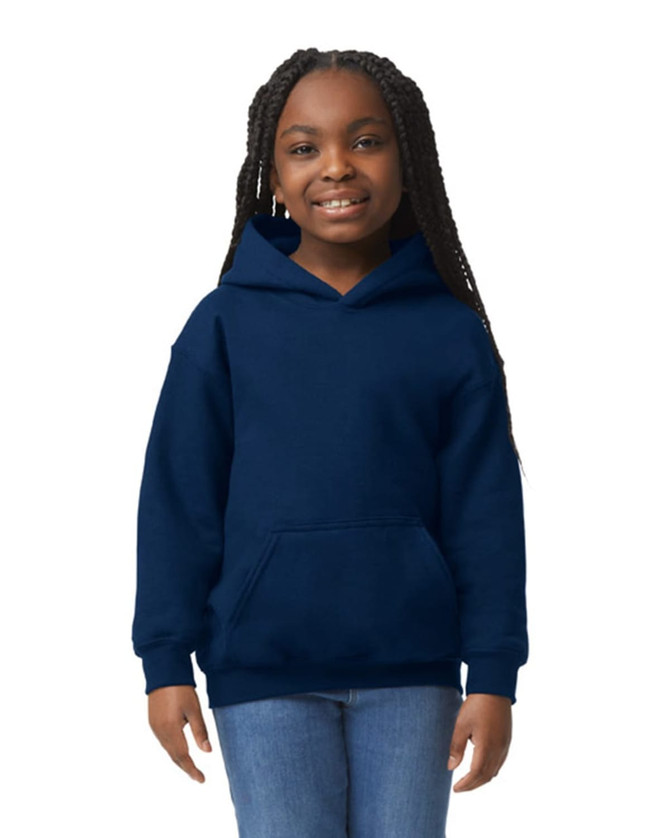 A youth hooded sweatshirt in navy blue, featuring a front pocket and a hood, worn by a smiling child.