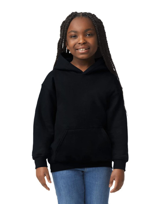 A black hooded sweatshirt for youth, featuring a front pocket and a hood, worn by a smiling girl.