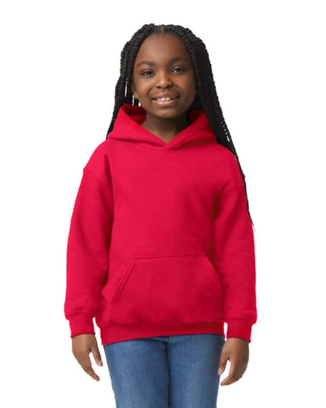 A red youth hooded sweatshirt with a front pocket, featuring a hood and a logo.