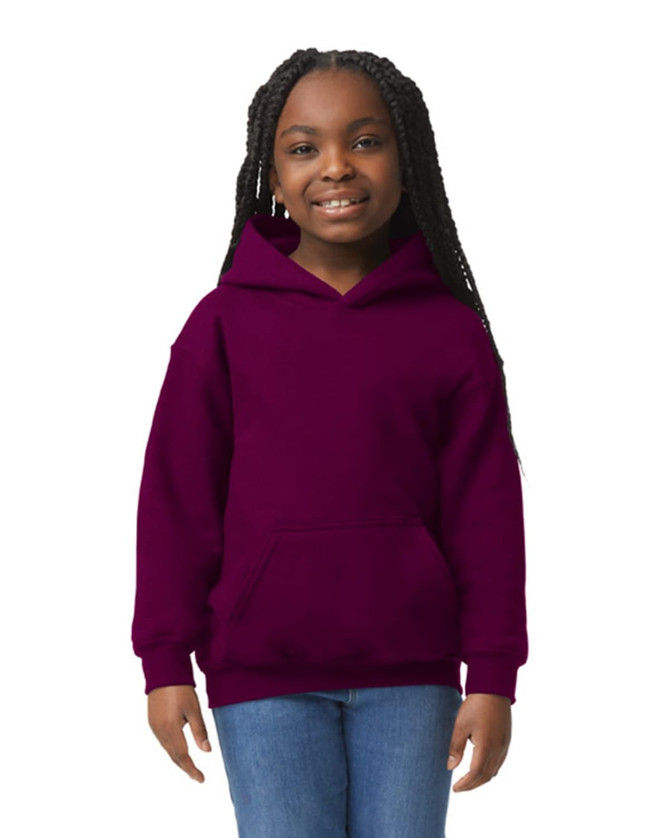 A purple youth hooded sweatshirt with a front pocket, worn by a smiling child with long braids.