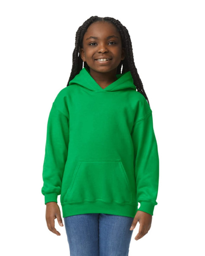 A green youth hooded sweatshirt featuring a front pocket and a hood. It has a branded logo.