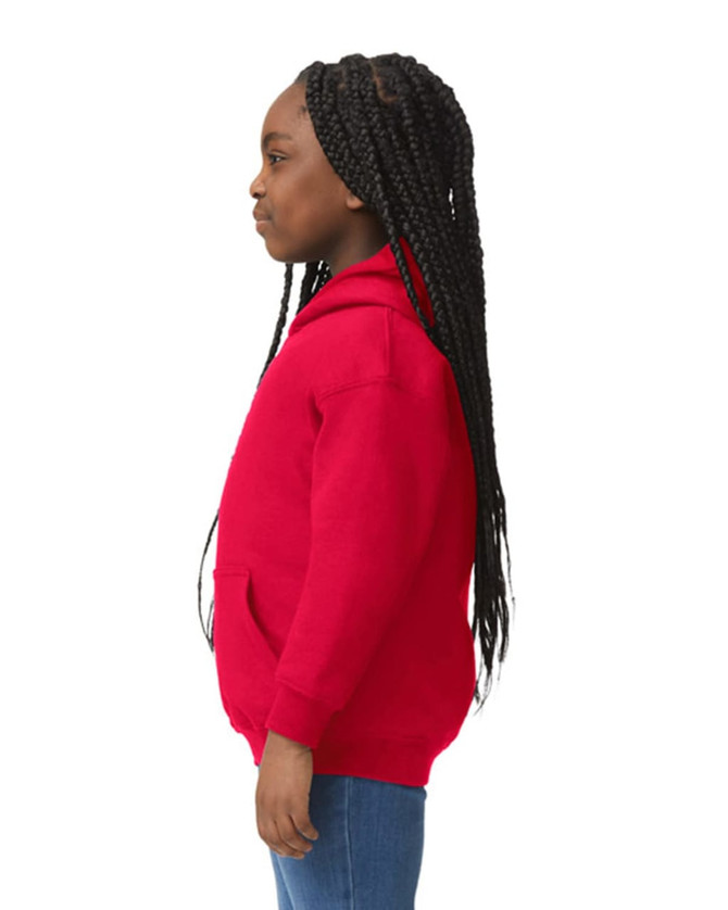 A red youth hooded sweatshirt with a front pocket, displayed on a child with long braids, from a side view.