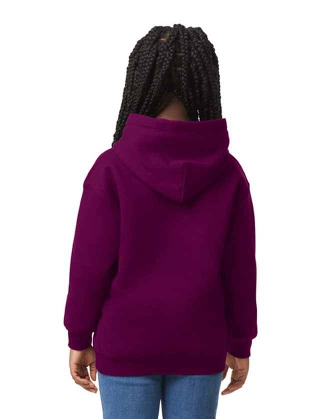 A youth hooded sweatshirt in a rich purple colour, featuring a hood and a simple design.