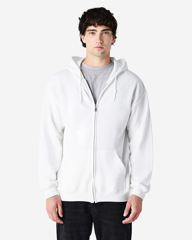 A white full zip hooded sweatshirt on a model, featuring a front pocket and a drawstring hood.