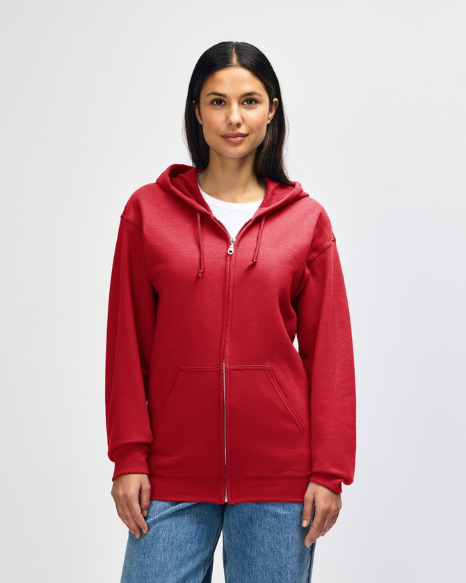 A red Gildan Heavy Blend adult full zip hooded sweatshirt features a front zipper and two side pockets.