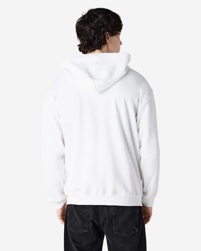 A white Gildan Heavy Blend adult full zip hooded sweatshirt viewed from the back, featuring a hood and a logo.