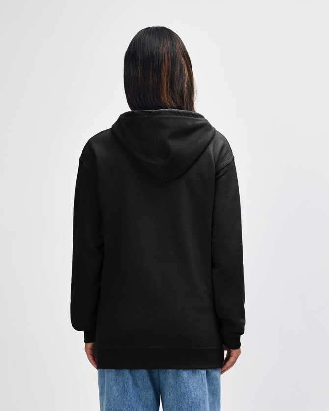 A black Gildan Heavy Blend adult full zip hooded sweatshirt displayed from the back, featuring a hood and relaxed fit.