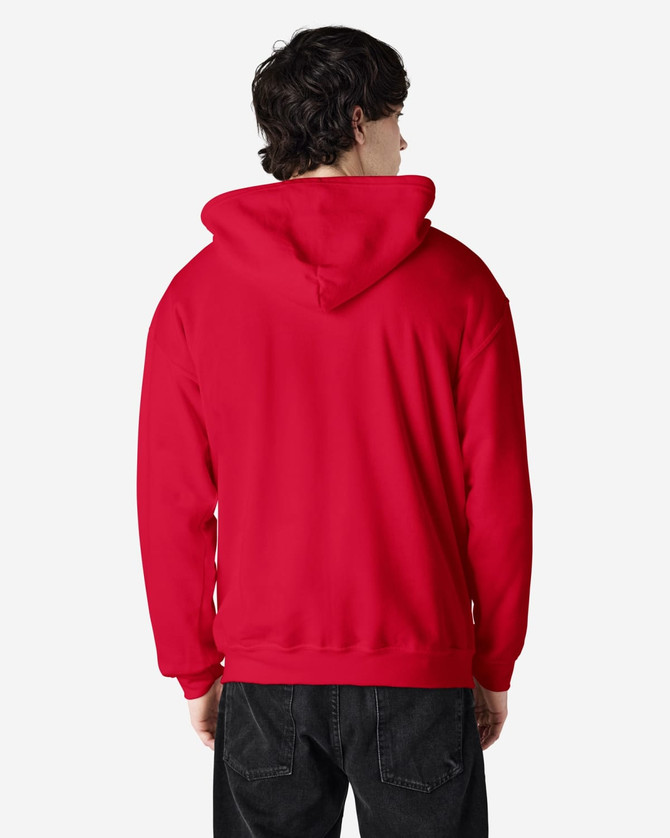 A red Gildan Heavy Blend adult full zip hooded sweatshirt with a hood, viewed from the back.