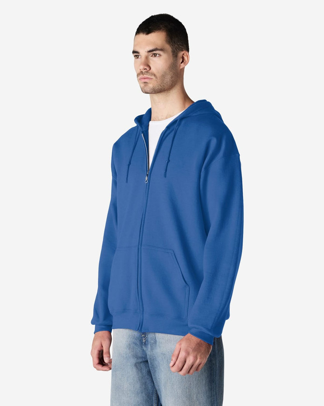 A blue Gildan Heavy Blend adult full zip hooded sweatshirt with a front pocket and a logo.