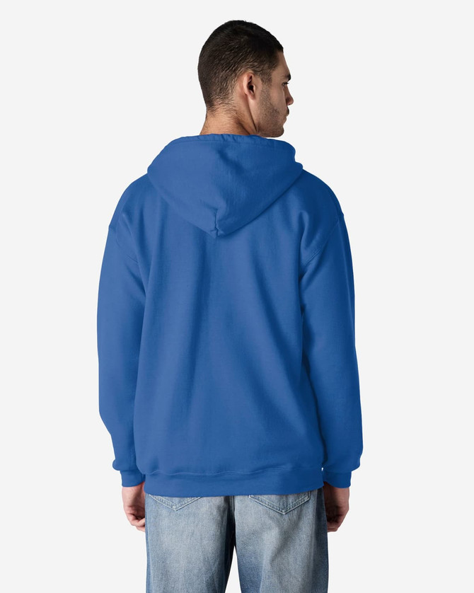 A blue Gildan Heavy Blend Adult Full Zip Hooded Sweatshirt displayed from the back, featuring a hood.