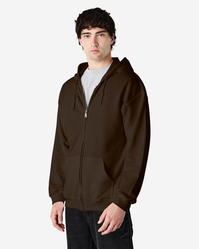 A brown Gildan Heavy Blend adult full zip hooded sweatshirt displayed on a model. Features a branded logo.