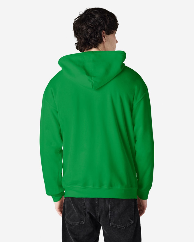 A green Gildan Heavy Blend adult full zip hooded sweatshirt with a hood, viewed from the back.