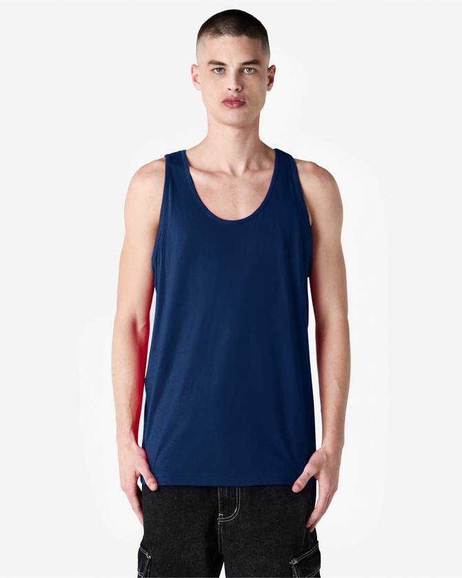 A unisex fine jersey tank top in navy blue with a contrasting red side design. Features a logo on the garment.