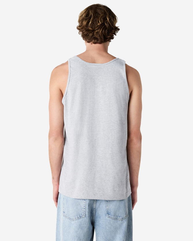 A back view of a grey unisex fine jersey tank top, featuring a simple design and no visible logos.