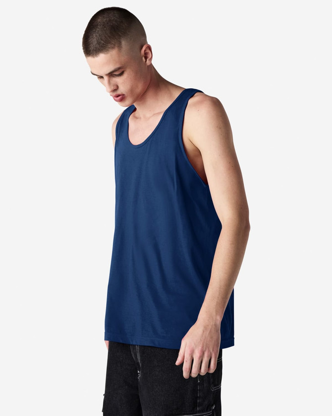A unisex fine jersey tank in deep navy, featuring a relaxed fit and minimal branding. Ideal for casual wear.