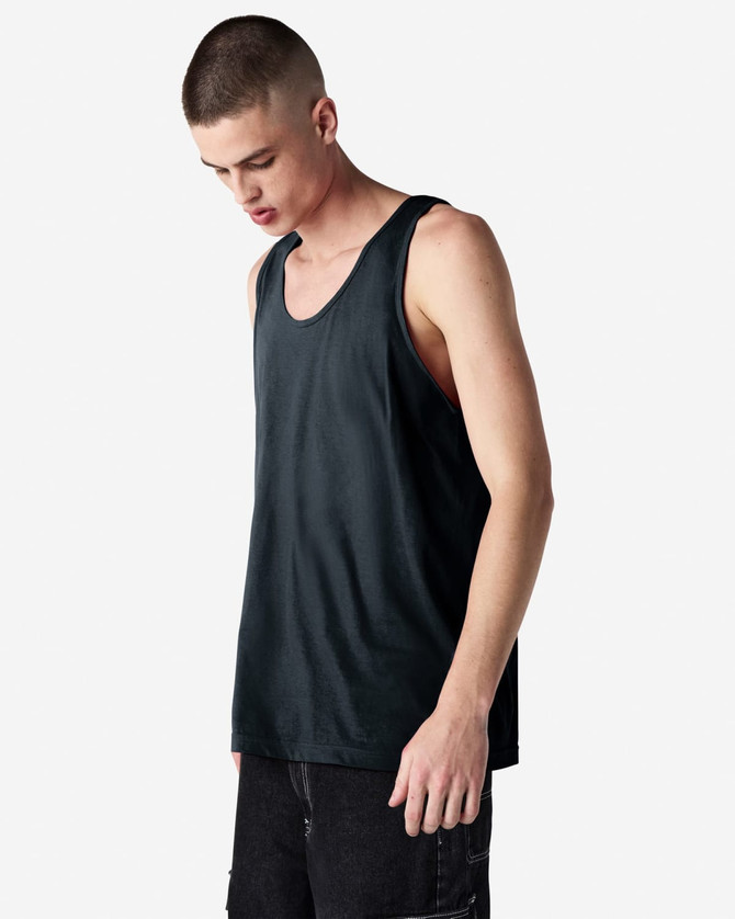 A unisex fine jersey tank in black, featuring a relaxed fit and a simple design. It has a logo on it.