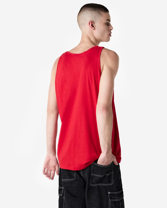 A red unisex fine jersey tank top is displayed from the back, featuring a simple design and a relaxed fit.