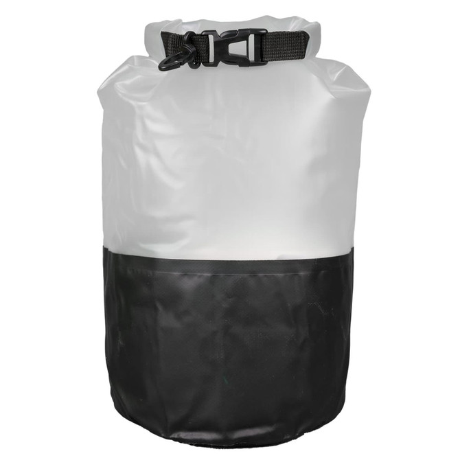 A waterproof bag featuring a white top and a black base, secured with a buckle strap. It has a logo.