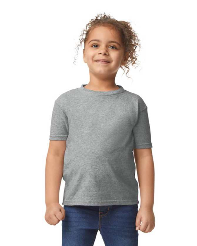 A grey toddler T-shirt featuring short sleeves and a simple design, with a logo on the front.