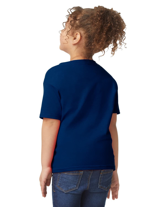 A navy toddler t-shirt displayed from the back, featuring short sleeves and a simple design.