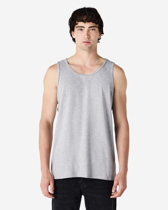 A grey adult tank top with a round neckline and a logo on the front, styled on a male model.