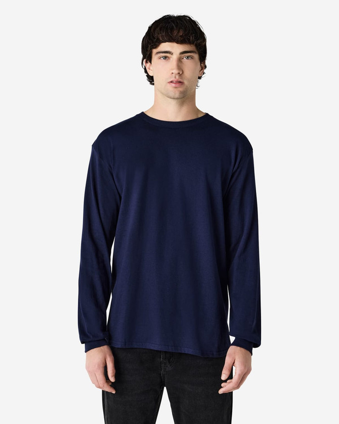 A navy long sleeve t-shirt for adults, featuring a crew neck and a simple design. Includes a logo on the shirt.