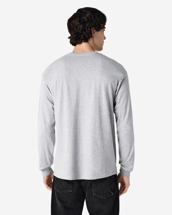A grey long sleeve t-shirt with a round neck, featuring a simple design and a logo on the back.