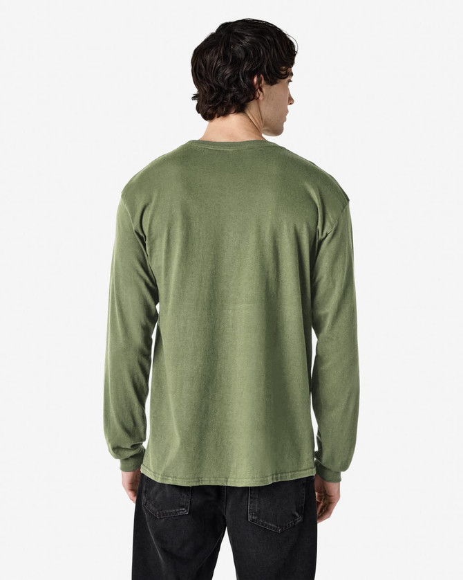 A long sleeve t-shirt in olive green, featuring a simple design with a logo on the back.