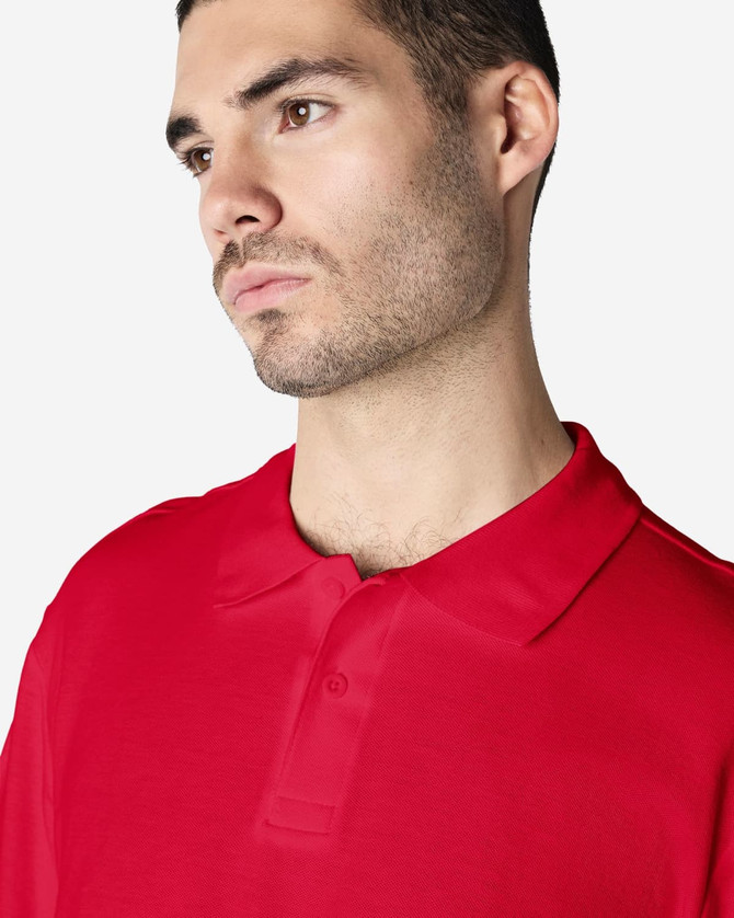 A red adult polo shirt with a collar and three-button placket, featuring a logo on the chest.