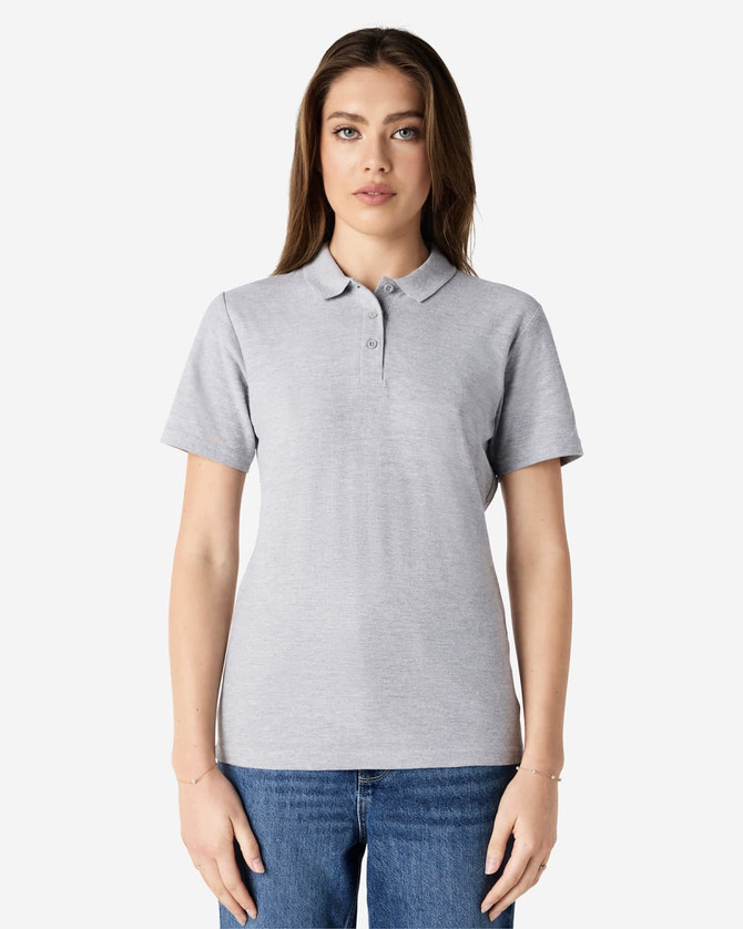 A grey ladies' double pique polo shirt with a collar and short sleeves, featuring a logo.