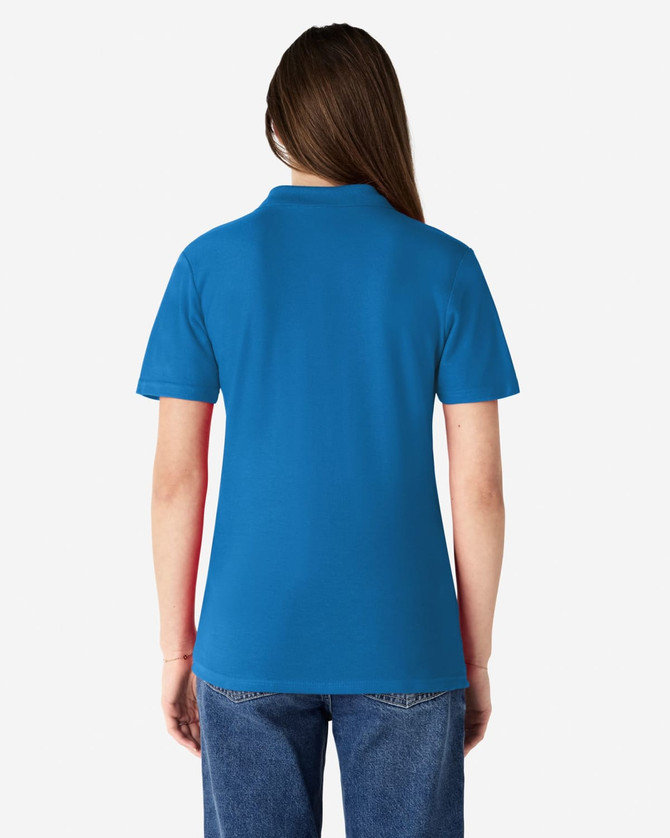 A blue and red ladies' polo with a double pique texture, viewed from the back. It features a collar and short sleeves.