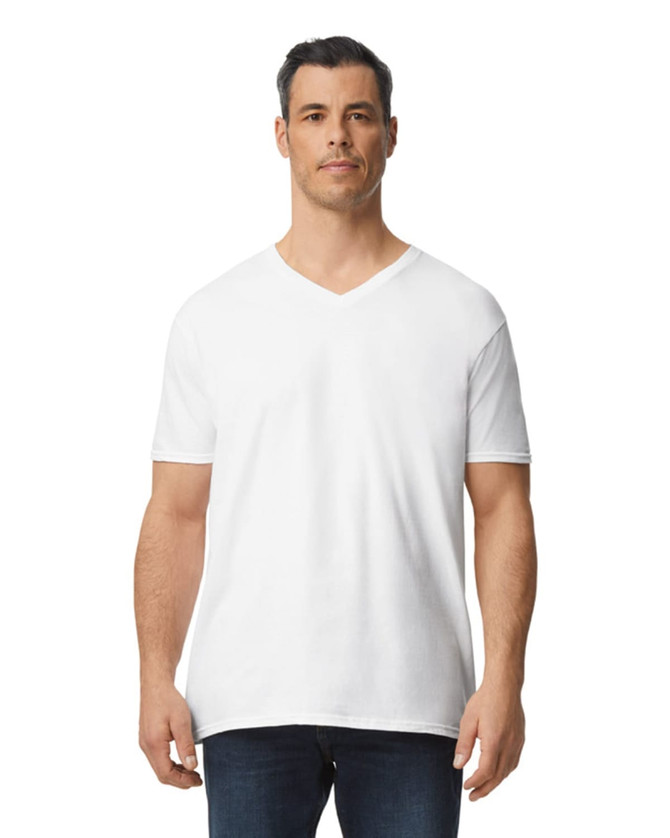 A white Gildan Softstyle adult V-neck T-shirt displayed on a male model, featuring a simple design and a branding logo.