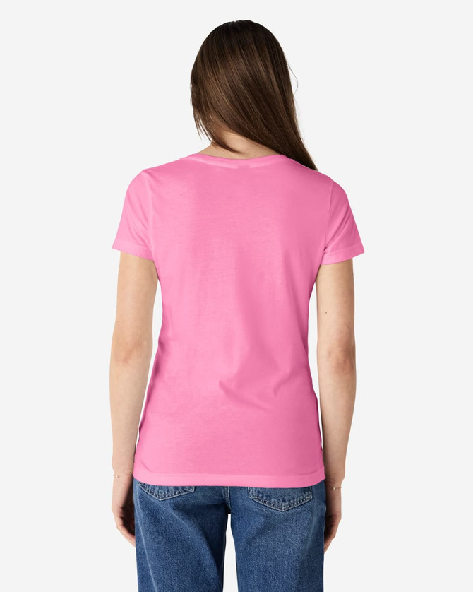 A pink ladies' V-neck T-shirt seen from the back, featuring a fitted design. Includes a small logo on the label.