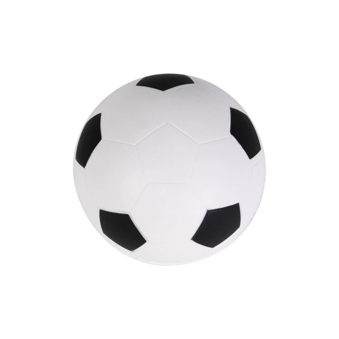 A white soccer ball stress reliever with black patches, featuring a smooth surface and one logo.