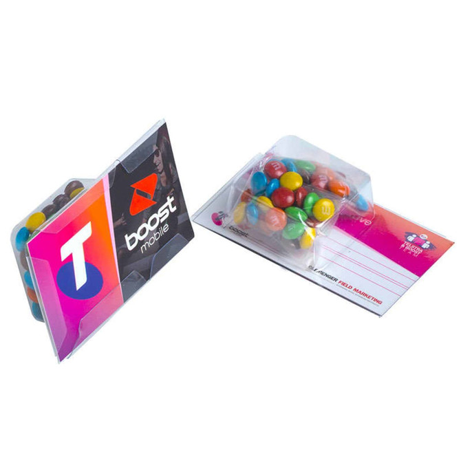 Small Biz Card Treats featuring colourful mini M&Ms in a clear packaging with a branded card.