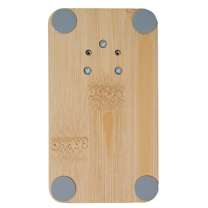 A bamboo phone stand with gray rubber feet and a smooth surface, featuring a minimalist design.