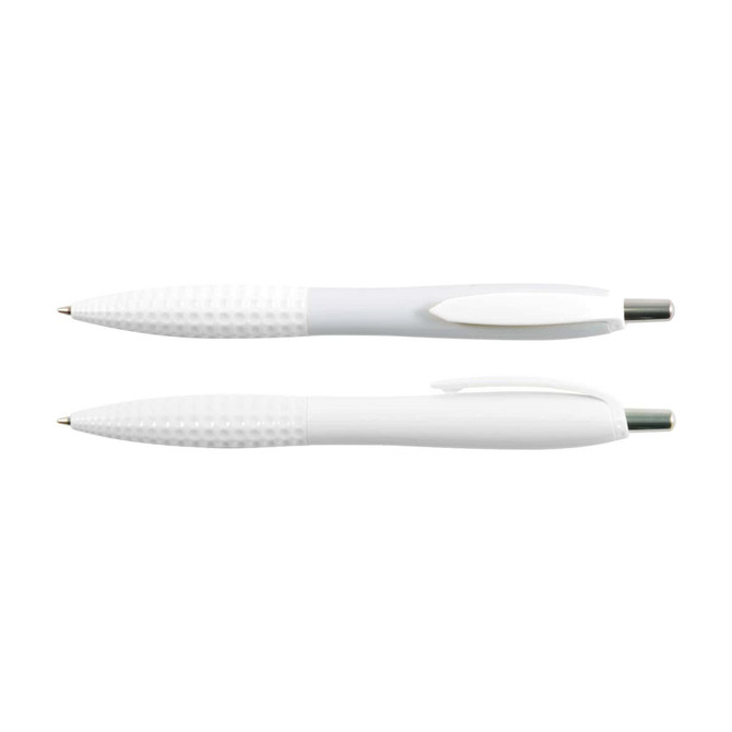 A set of two plastic pens, both featuring a sleek white design with textured grips and a retractable mechanism.