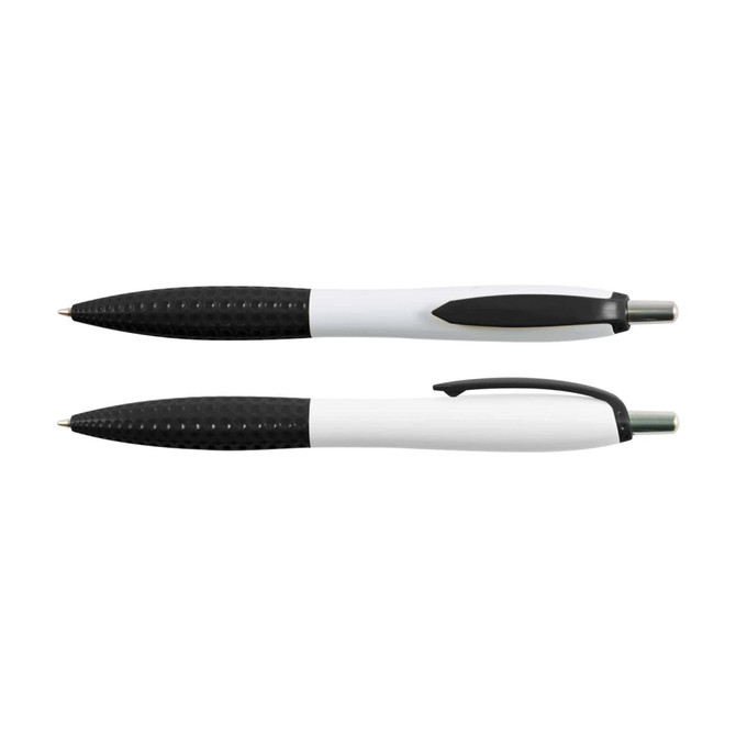 A plastic pen featuring a black and white design with a textured grip and a logo on the barrel.
