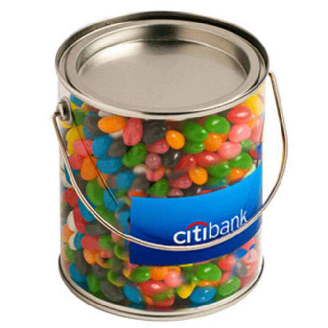 A big PVC bucket filled with colourful jelly beans, including shades of pink, green, yellow, blue, and orange.